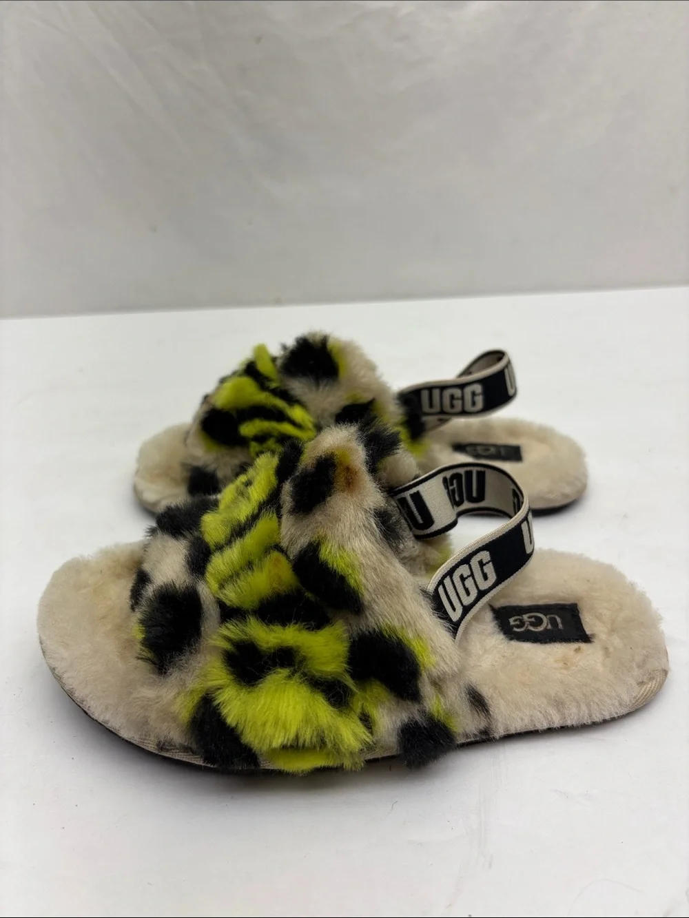 UGG Kids' Neon Leopard Print Fluff Slippers - Lime/Black, SZ 12 toddler, box 72
